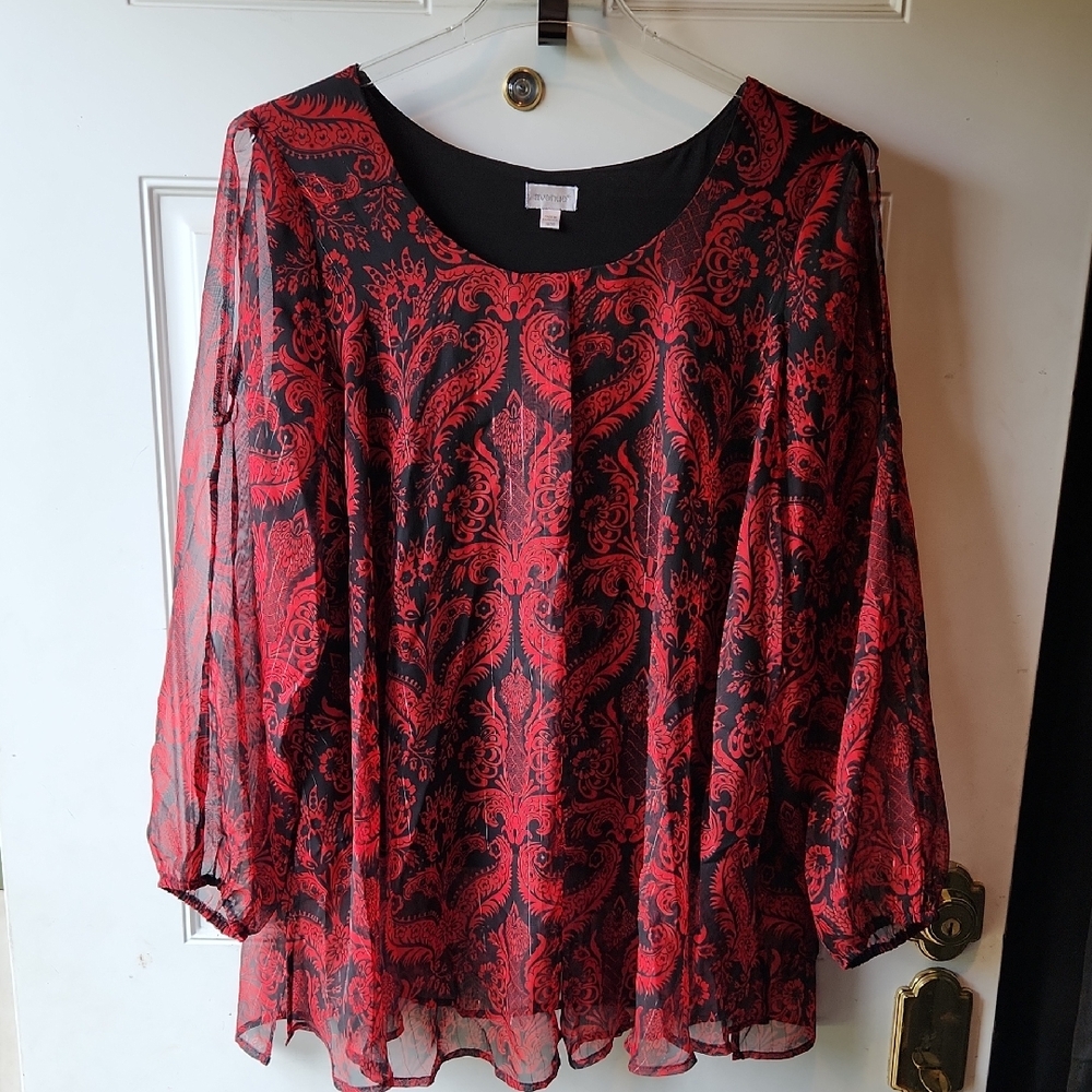 Avenue Red and Black Chiffon Cold Shoulder Blouse Size 18/20